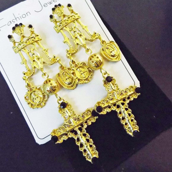 PHANTOM OF OPERA CHANDELIER CROSSES BLACK RHINESTONE LONG GOLDEN EARRINGS 66 - Picture 1 of 1